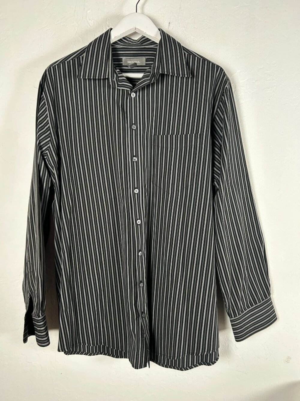 Merona Mens Black & White Striped Button-Up Long Sleeve Shirt Size L Cotton/Poly